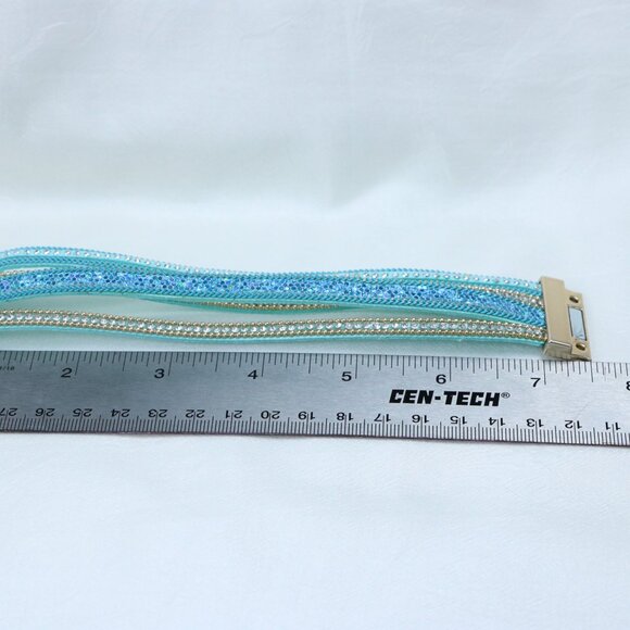 Blue Rhinestone Multi-Strand Wrap Bracelet | Gold Tone Accents - Picture 4 of 5